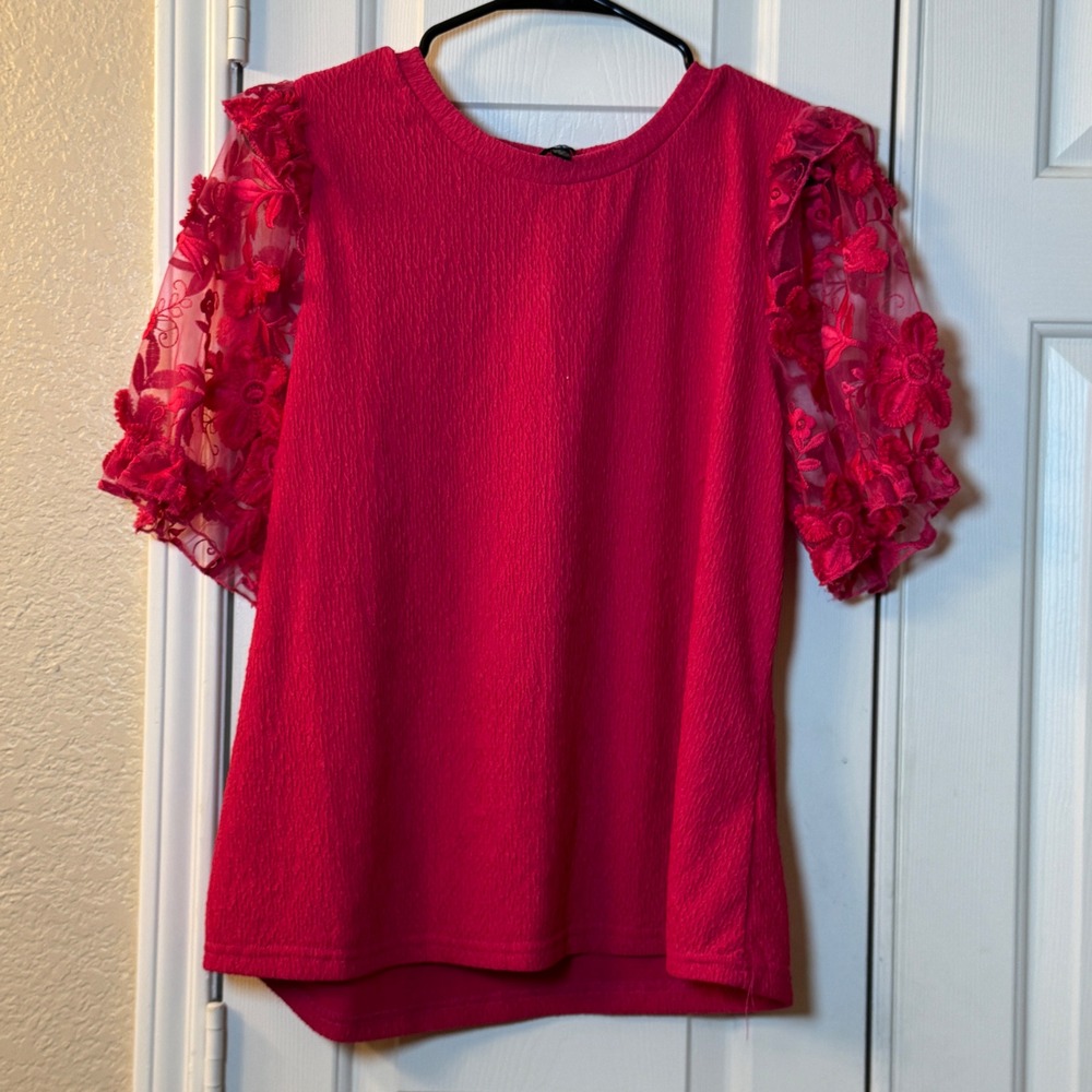 Alice Blue Fuchsia Pink Textured Top Sheer Sleeves with Stitched Flower Size XL